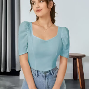Maheshvi Casual Polyester Blend SweetHeart Neck Puff Sleeves Stylish Top